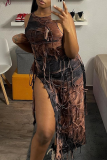 Brown Street Tie Dye Tassel Hollowed Out High Opening O Neck Irregular Dress Dresses