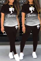 Black Sportswear Gradual Change Print Letter O Neck Short Sleeve Two Pieces
