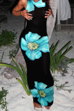 Black Elegant Floral Patchwork O Neck Wrapped Skirt Dresses