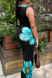 Black Elegant Floral Patchwork O Neck Wrapped Skirt Dresses