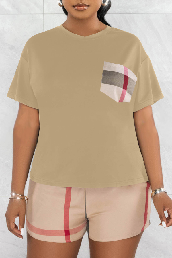 Khaki Casual Plaid Patchwork Pocket O Neck Short Sleeve Two Pieces