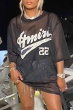 Black Street Print See-through O Neck T-Shirts