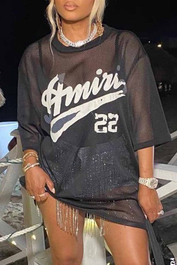 Black Street Print See-through O Neck T-Shirts