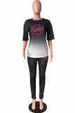Grey Sportswear Gradual Change Print Letter O Neck Short Sleeve Two Pieces