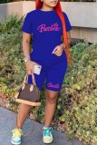 Red Casual Print Letter O Neck Short Sleeve Two Pieces