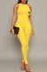 Yellow Casual Print Letter O Neck Jumpsuits