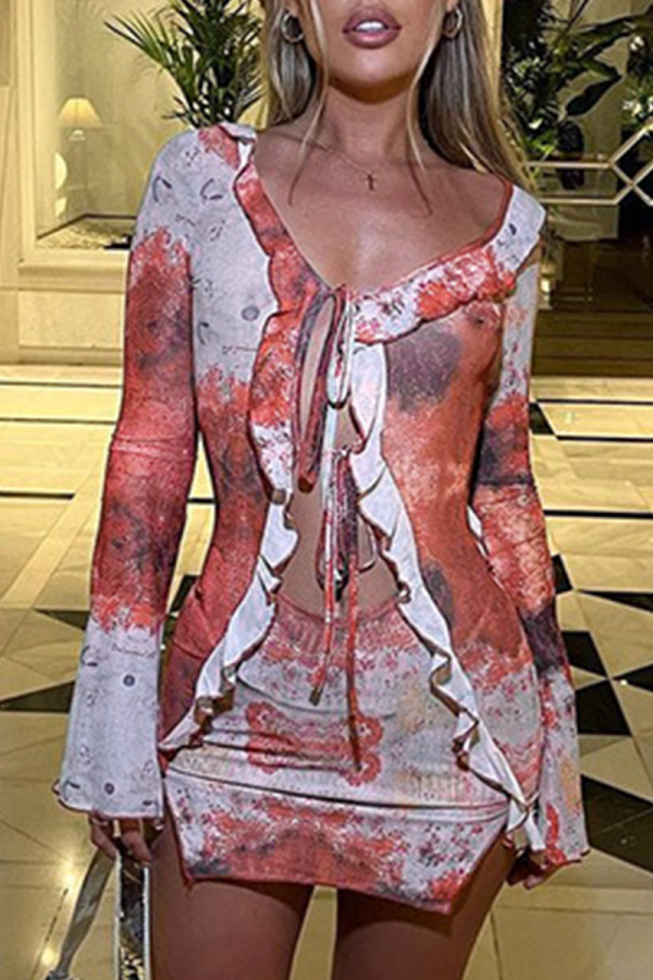 Brick Red Sexy Print Flounce Slit Strap Design Mesh V Neck One Step Skirt Dresses