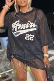 Black Street Print See-through O Neck T-Shirts
