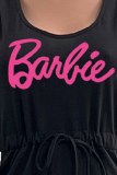 Pink Casual Print Draw String Letter V Neck Irregular Dress Dresses