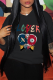 Black Street Vintage Print Draw String Hooded Collar Tops