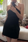 Black Sexy Casual Solid Patchwork Backless Turndown Collar Sleeveless Dress Dresses