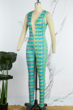 Green Sexy Print Patchwork Contrast V Neck Skinny Jumpsuits
