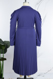 Royal Blue Casual Solid Frenulum V Neck Pleated Plus Size Dresses