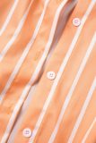 Orange Casual Striped Print Patchwork Shirt Collar Three Quarter Two Pieces
