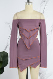 Bare Color Sexy Solid Backless Asymmetrical Off the Shoulder Long Sleeve Two Pieces