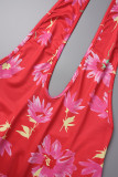 Red Street Floral Tassel Backless Halter One Step Skirt Dresses