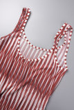 Red Casual Striped Tassel Backless Knotted Mesh U Neck Irregular Dress Dresses