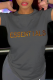 Dark Gray Street Daily Print Patchwork Letter O Neck T-Shirts