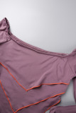 Bare Color Sexy Solid Backless Asymmetrical Off the Shoulder Long Sleeve Two Pieces