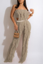 Apricot Casual Solid Tassel Patchwork Mesh Off the Shoulder Sleeveless Two Pieces
