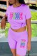Purple Casual Print Letter O Neck Short Sleeve Two Pieces