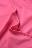 Rose Red Casual Hot Drilling Frenulum Backless O Neck Short Sleeve Two Pieces