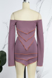 Bare Color Sexy Solid Backless Asymmetrical Off the Shoulder Long Sleeve Two Pieces