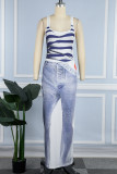 Blue Casual Print Basic U Neck Vest Dress Dresses