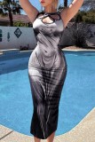 Black Casual Print Hollowed Out O Neck Sleeveless Dress Dresses