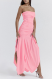 Pink Sexy Solid Patchwork Backless Fold Strapless Irregular Dress Dresses