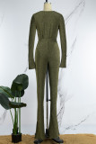 Gold Casual Solid Hollowed Out V Neck Long Sleeve Two Pieces