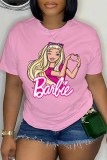 Pink Casual Character Print Letter O Neck T-Shirts