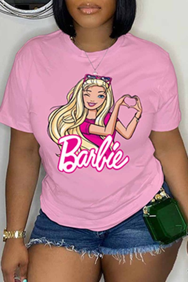 Pink Casual Character Print Letter O Neck T-Shirts
