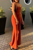 Red-brown Sexy Casual Solid Backless Strapless Skinny Jumpsuits