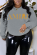 Grey Casual Daily Print Patchwork Letter O Neck Tops