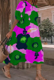 Rose Red Casual Print Patchwork O Neck A Line Short Sleeve Dress