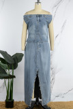Sky Blue Casual Solid Slit Off the Shoulder Sleeveless Two Pieces