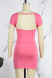 Rose Red Casual Hot Drilling Frenulum Backless O Neck Short Sleeve Two Pieces