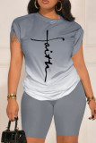 Grey Casual Gradual Change Print Basic O Neck Short Sleeve Two Pieces