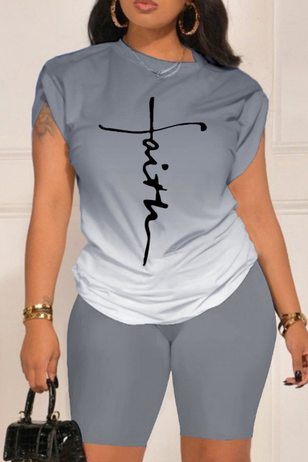 Grey Casual Gradual Change Print Basic O Neck Short Sleeve Two Pieces