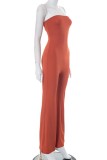 Red-brown Sexy Casual Solid Backless Strapless Skinny Jumpsuits
