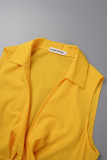 Yellow Casual Solid Hollowed Out Frenulum Pleated V Neck Regular Jumpsuits