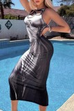 Black Casual Print Hollowed Out O Neck Sleeveless Dress Dresses
