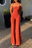 Red-brown Sexy Casual Solid Backless Strapless Skinny Jumpsuits