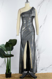 Red Sexy Formal Solid Patchwork Backless Slit With Bow Oblique Collar Evening Dress (Subject To The Actual Object)