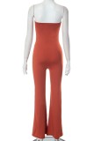 Red-brown Sexy Casual Solid Backless Strapless Skinny Jumpsuits