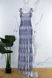 Blue Casual Striped Tassel Backless Knotted Mesh U Neck Irregular Dress Dresses