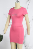 Rose Red Casual Hot Drilling Frenulum Backless O Neck Short Sleeve Two Pieces