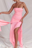 Pink Sexy Solid Patchwork Backless Fold Strapless Irregular Dress Dresses