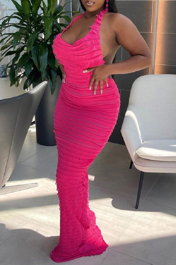 Rose Red Sexy Casual Solid Bandage Backless Halter Long Dress Dresses